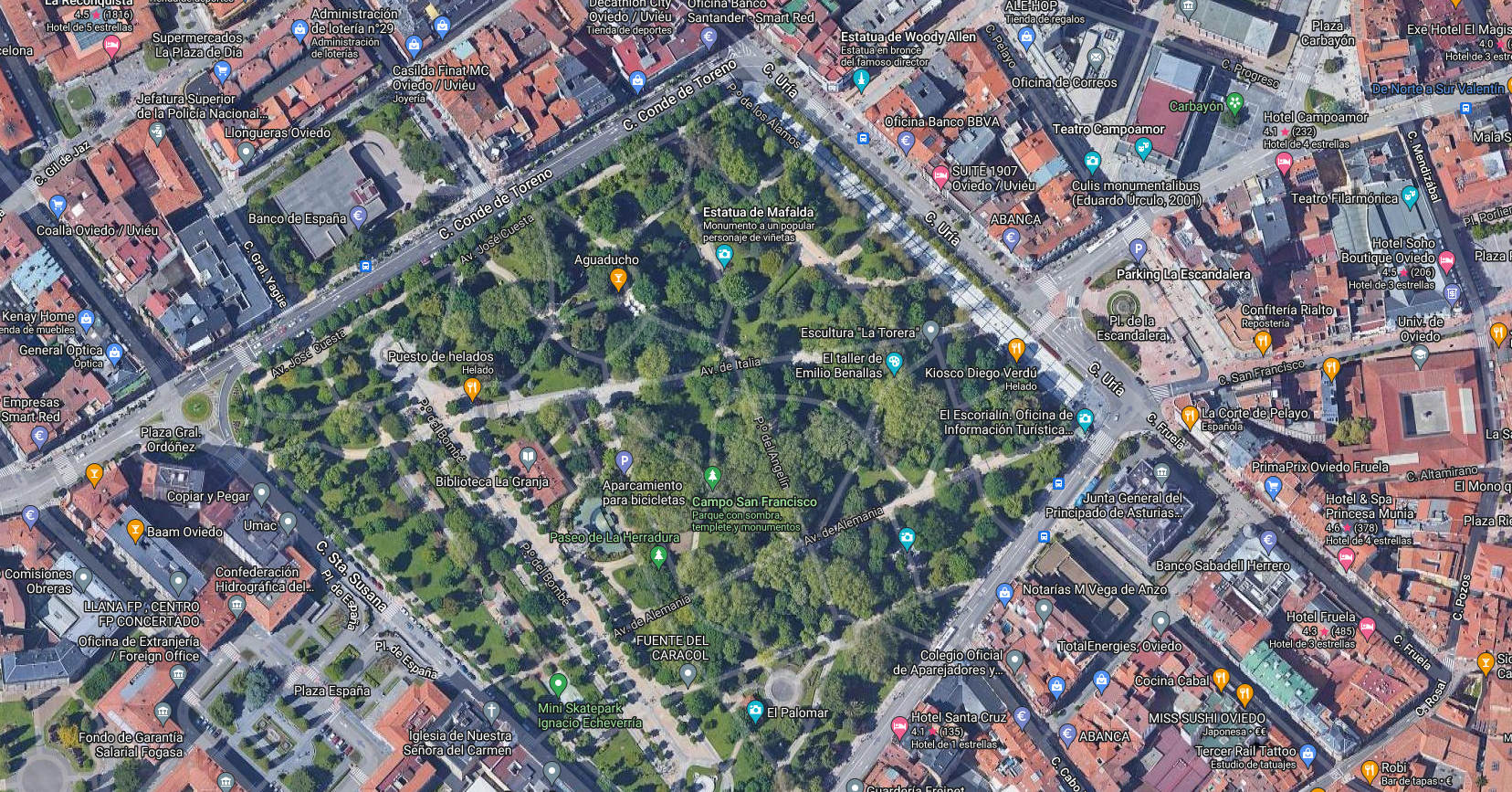 Localización de la Estatua de Mafalda en Oviedo en el Campo de San Francisco